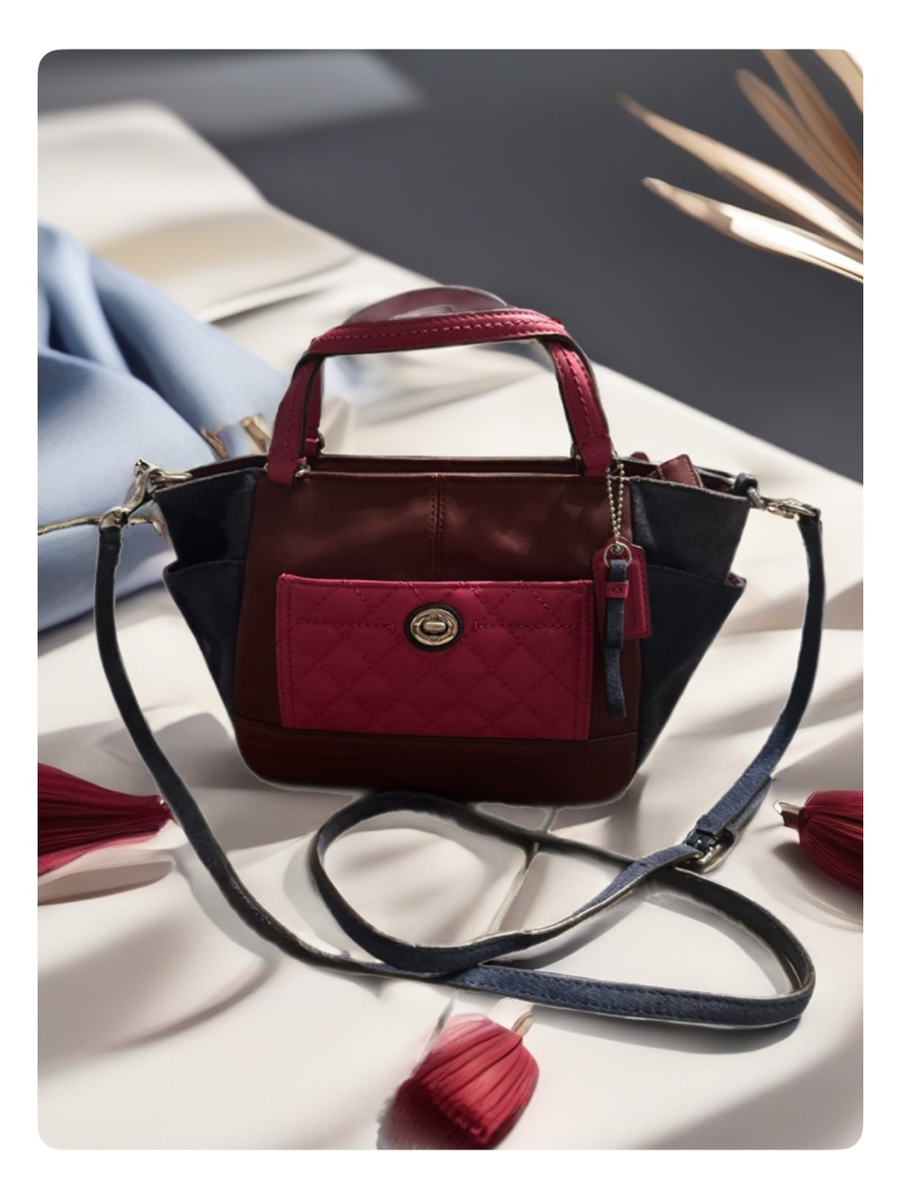 Coach Tricolor Crossbody Satchel - Burgundy, Pink & Navy